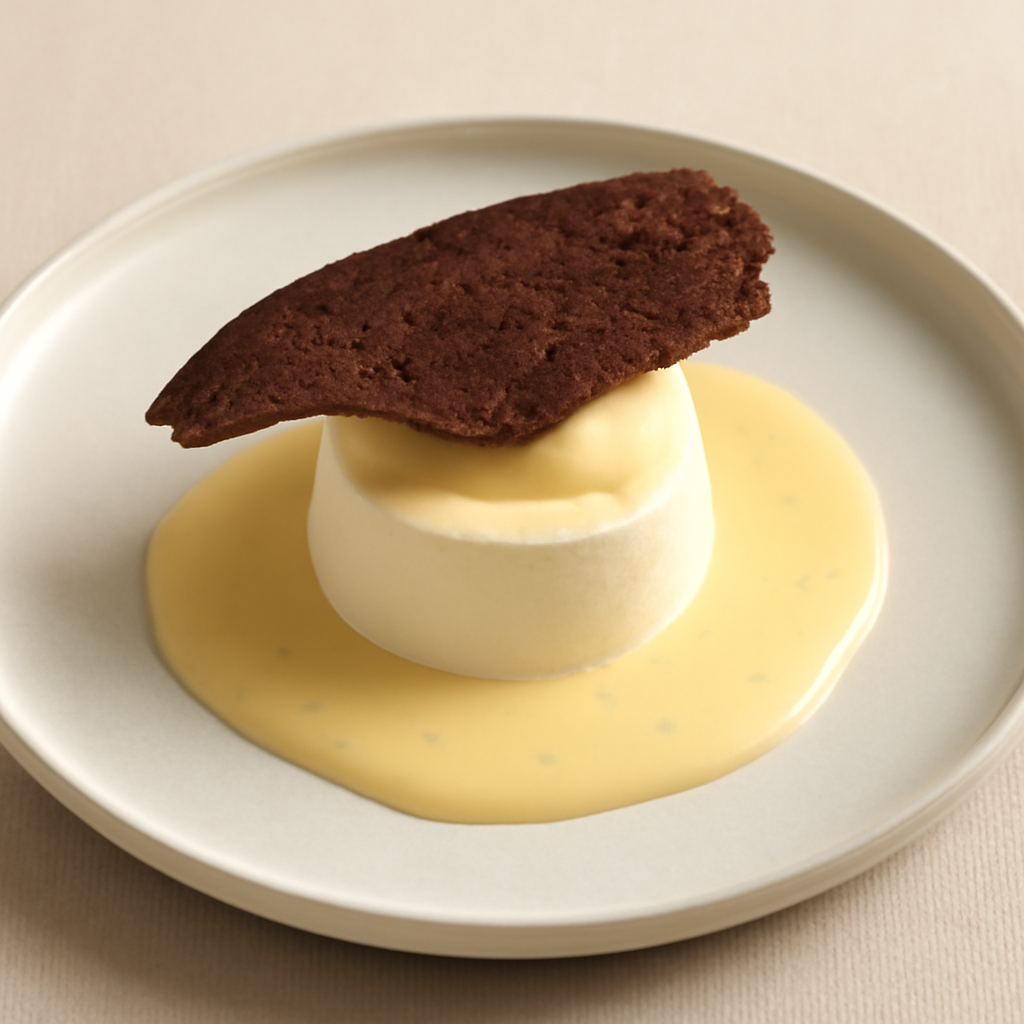 Mousse al cioccolato bianco con crema inglese a cialda al cacao