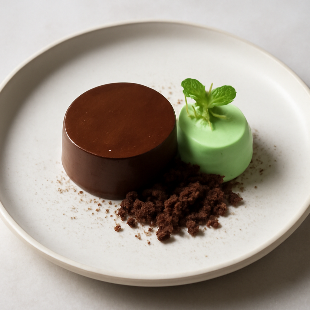 mousse al cioccolato fondente con panna cotta alla menta e crumble al cioccolato
