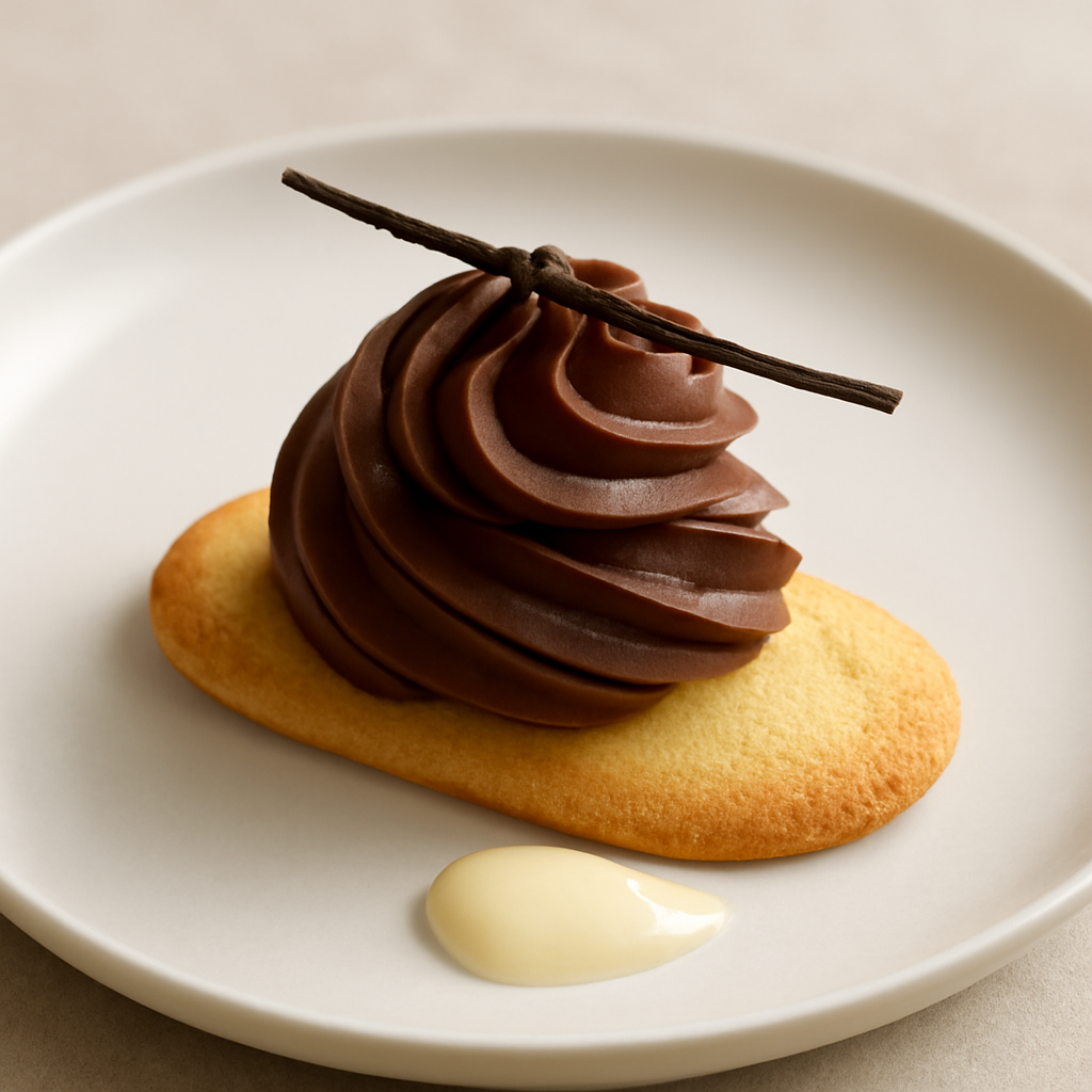 Mousse al cioccolato fondente e aroma alla vaniglia su cialda