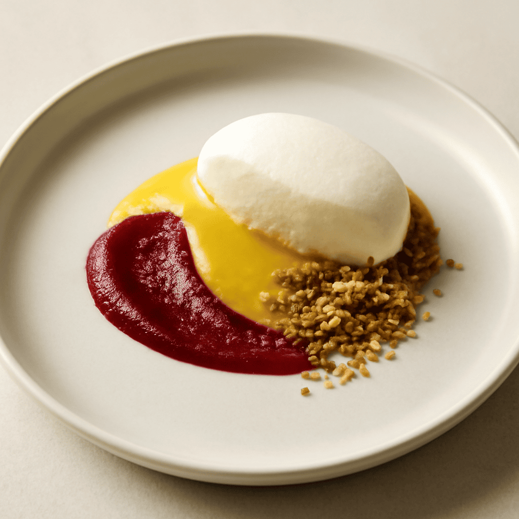 Mousse al mascarpone con crema inglese al melone giallo, purea di ribes e crumble allo zenzero
