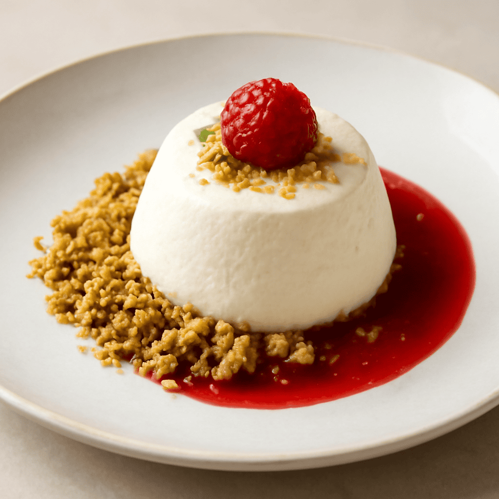 MOUSSE ALLA RICOTTA CON BISCUIT PISTACCHIO,CRUMBLE E SALSA DI LAMPONI