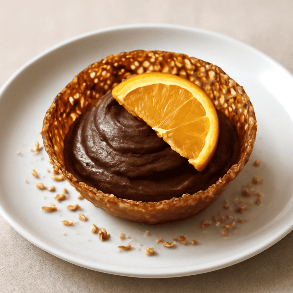 Mousse di cioccolato fondente e arancia in cialda di croccante