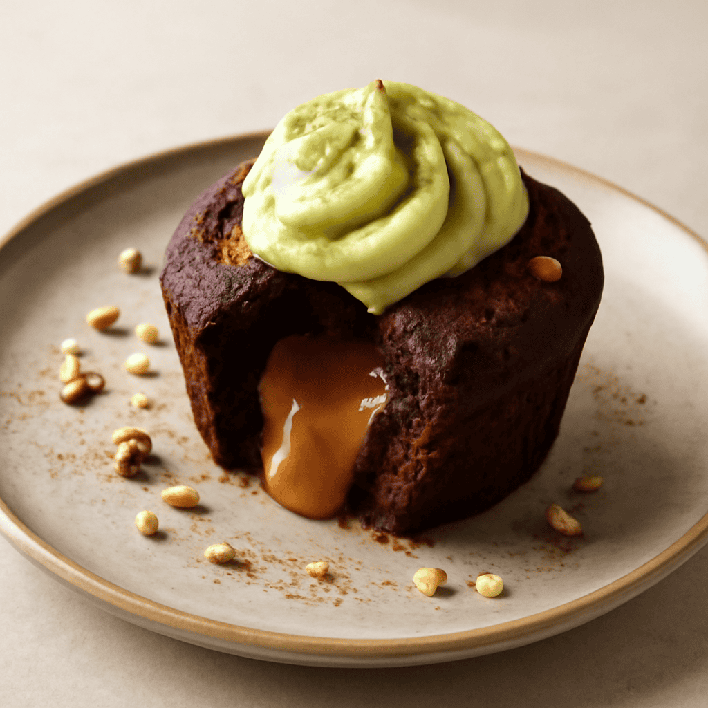 Muffin al cioccolato e nocciole con cuore di caramello ricoperto con crema al kiwi