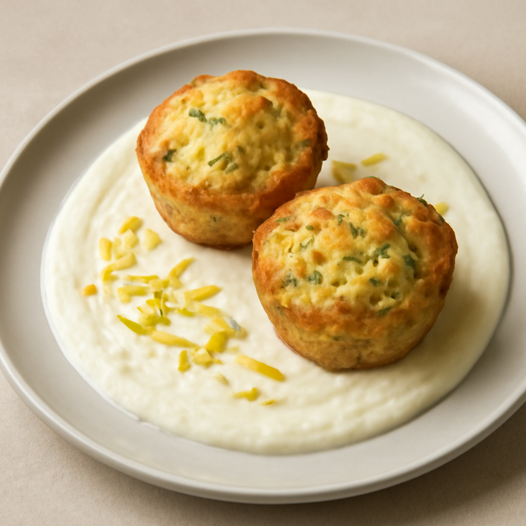 Muffin porro e zucchine su crema di pecorino e zest di limone candito