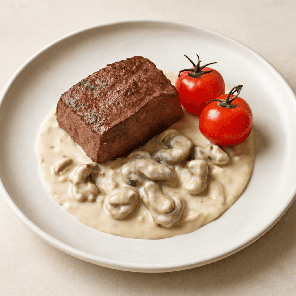 Muscolo di vitello con pomodorini e crema di funghi