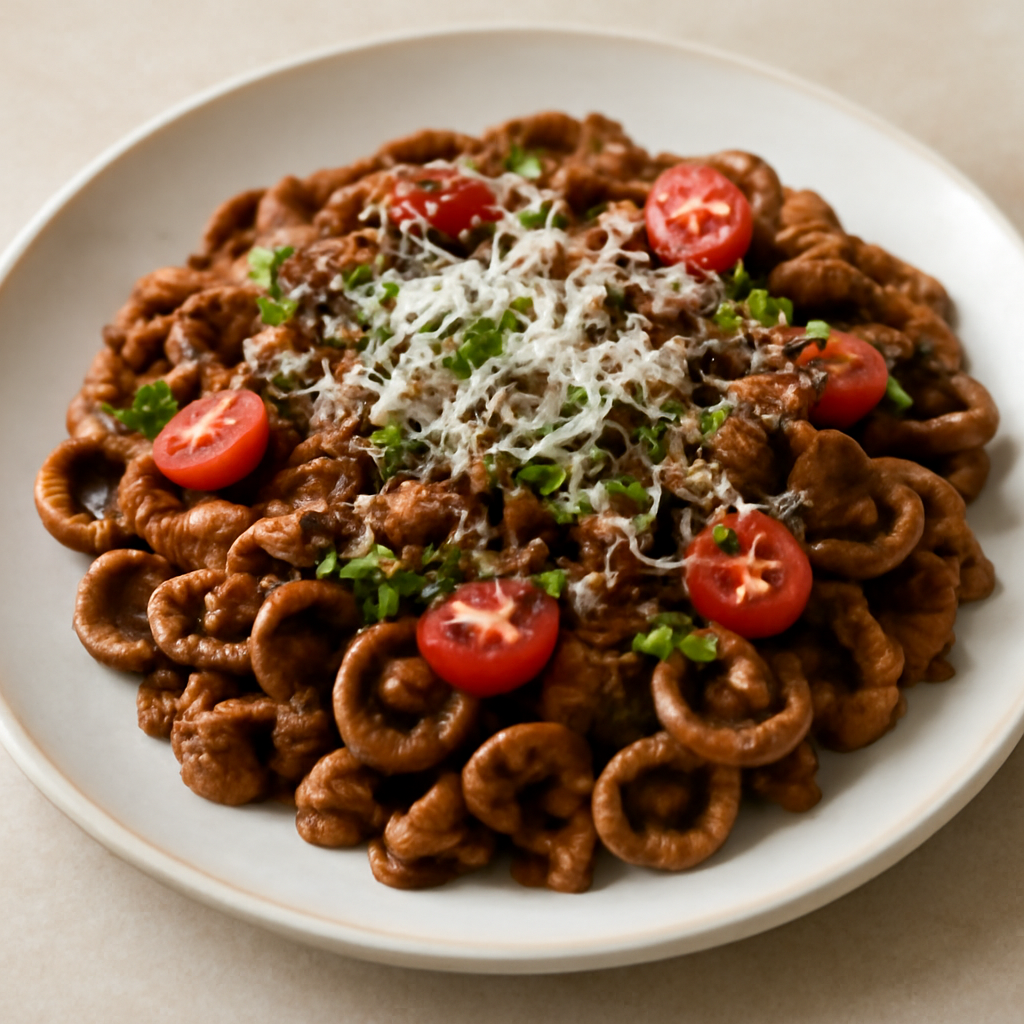 Orecchiette al grano arso con macinato di suino, prezzemolo, pomodorini e pecorino