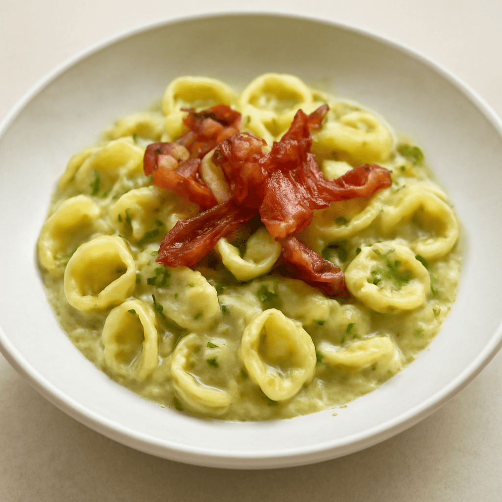Orecchiette con crema di porri al profumo di maggiorana e guanciale croccante