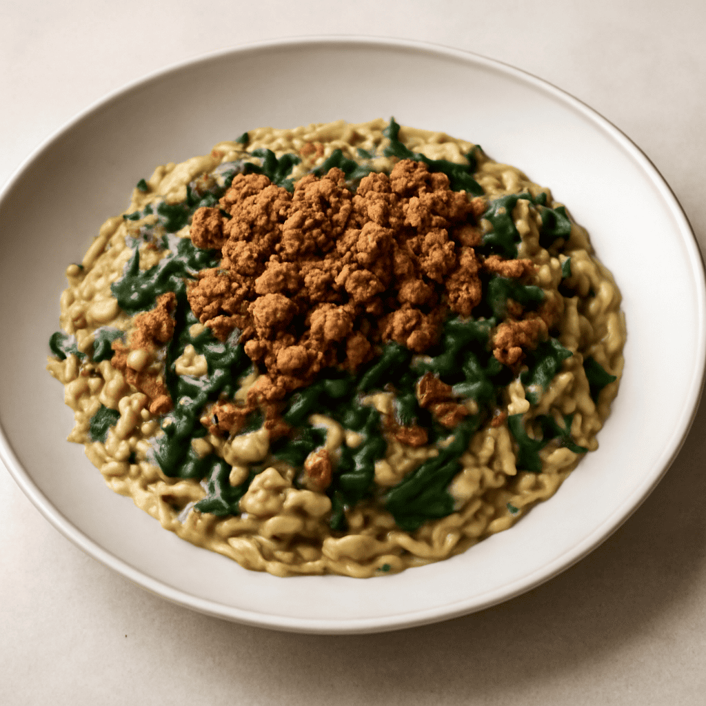 Orzo risottato alla bieta con crumble di salsiccia