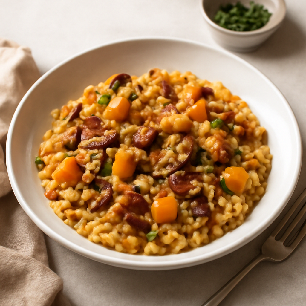 Orzotto con pancetta affumicata, funghi e zucca.