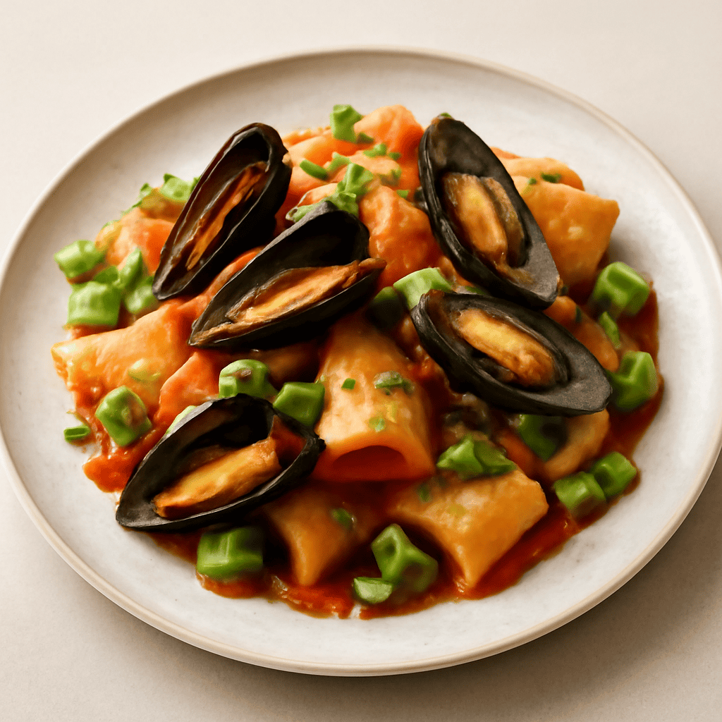 Paccheri con cozze su letto di fave