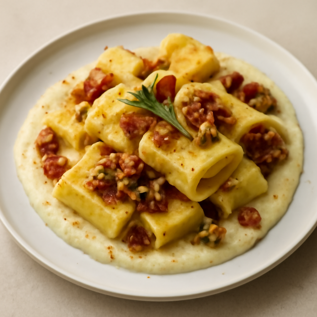 Paccheri con crema di patate pancetta e noci