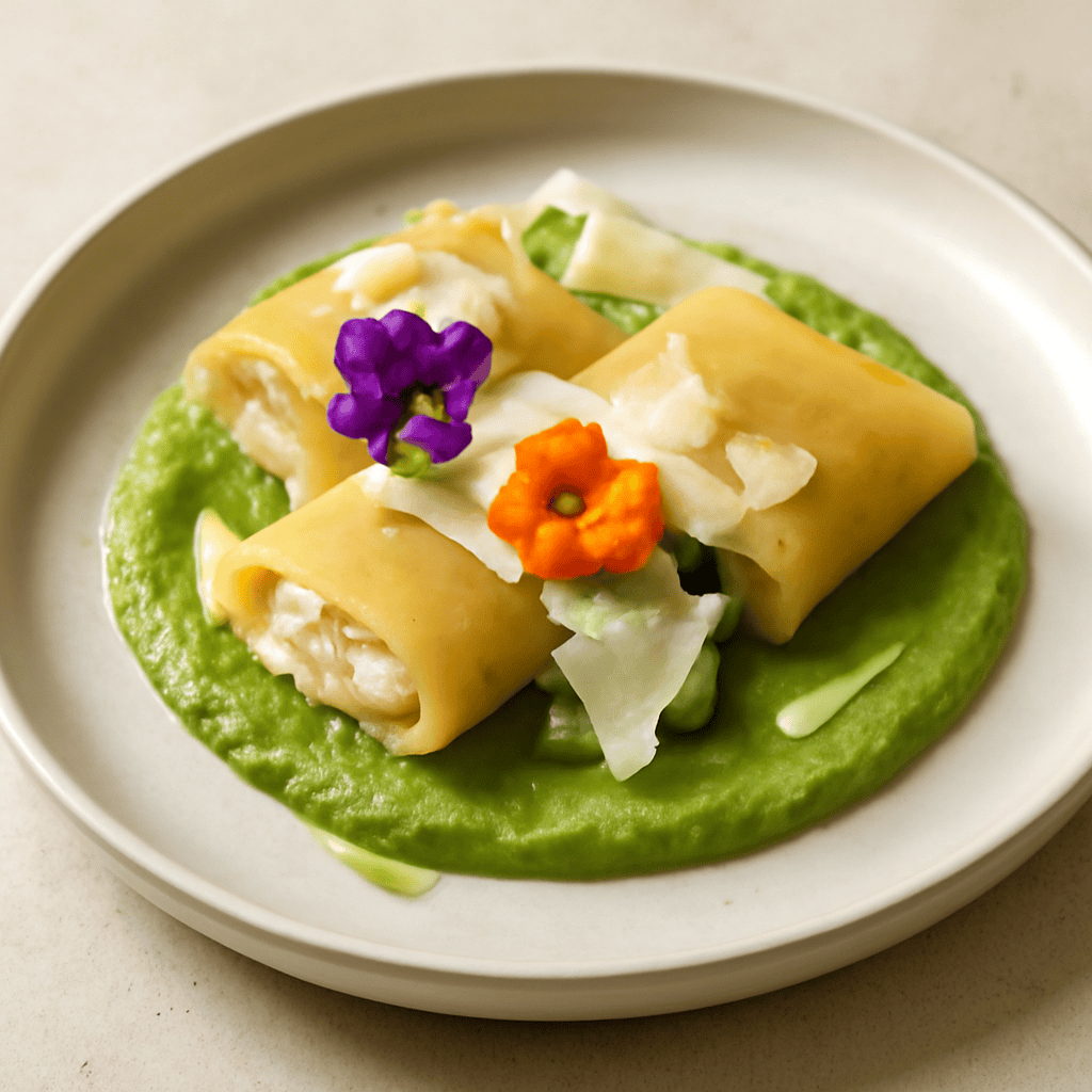Paccheri farciti di baccalà mantecato su crema di piselli e scaglie di grana