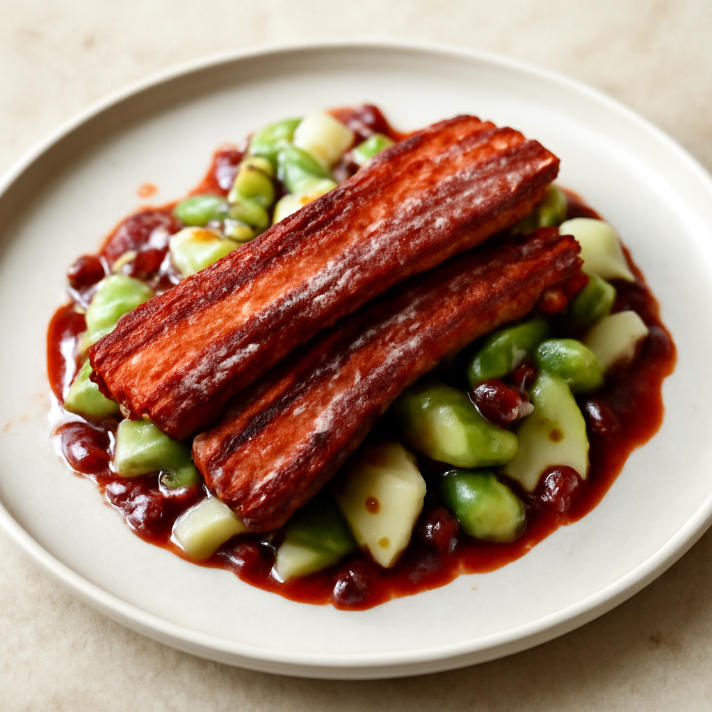 Pancetta croccante al miele su insalata di mele e salsa agrodolce al ribes rosso