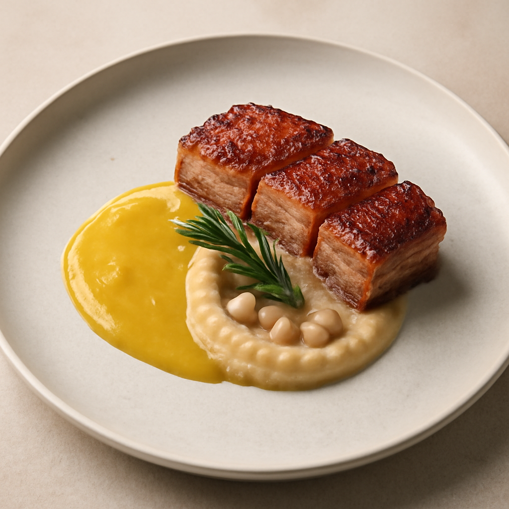 Pancia di maialino,crema di ceci e salsa al mango