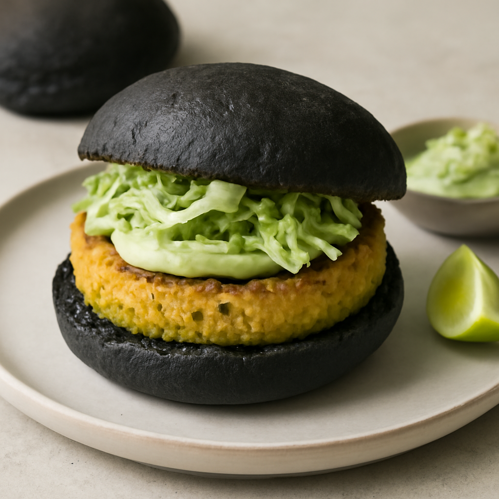 Panini al nero di seppia con burger di ceci, maionese all’avocado e insalatina di cavolo verza