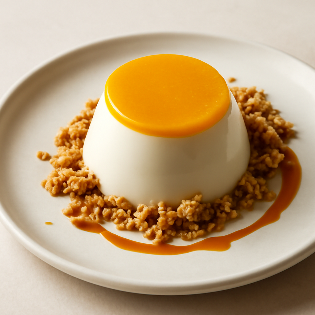 Panna Cocca con Geleè al Mango e Crumble Caramellato allo Zenzero.