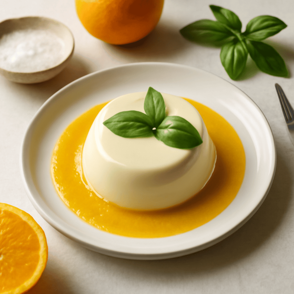Panna cotta al basilico con coulis di arance
