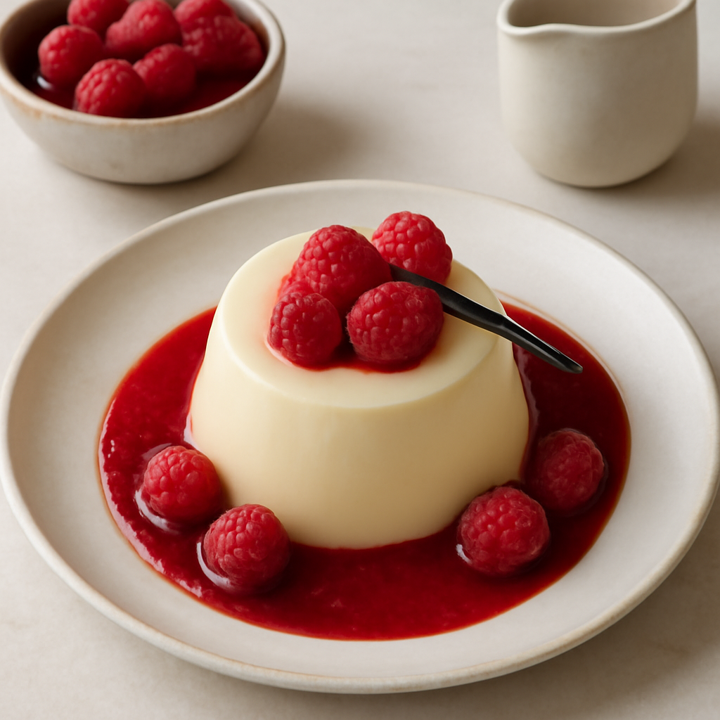Panna cotta al cioccolato bianco con salsa di lamponi e vaniglia