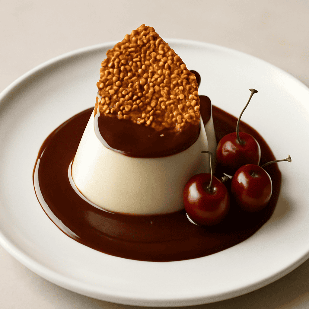 Panna cotta al cioccolato fuso e croccante al sesamo
