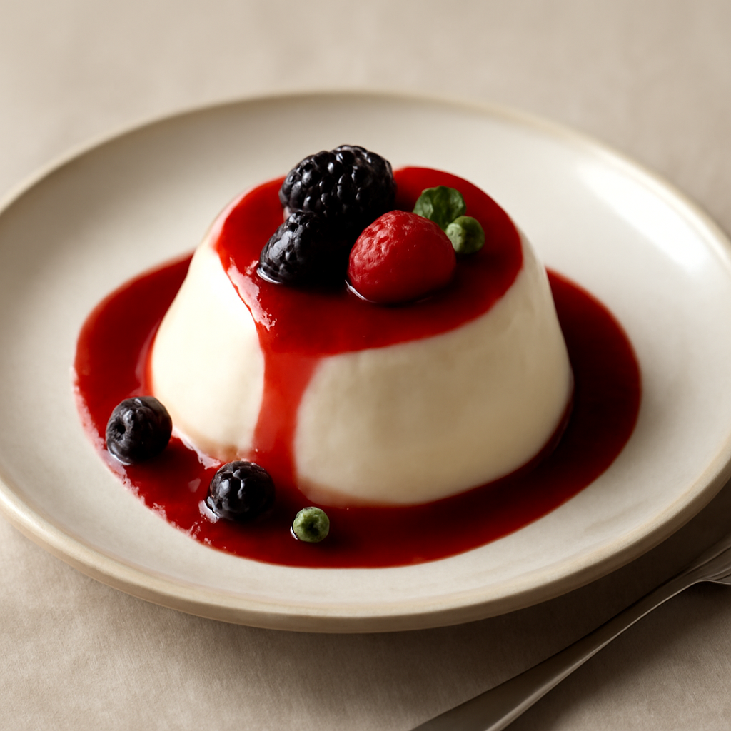 Panna cotta al cocco con coulis ai frutti di bosco.