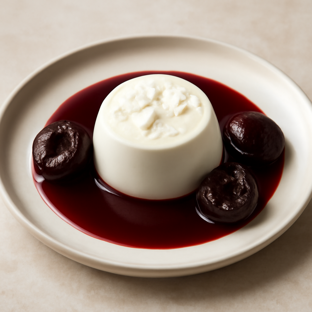 Panna cotta al cocco con salsa di vino rosso e prugne