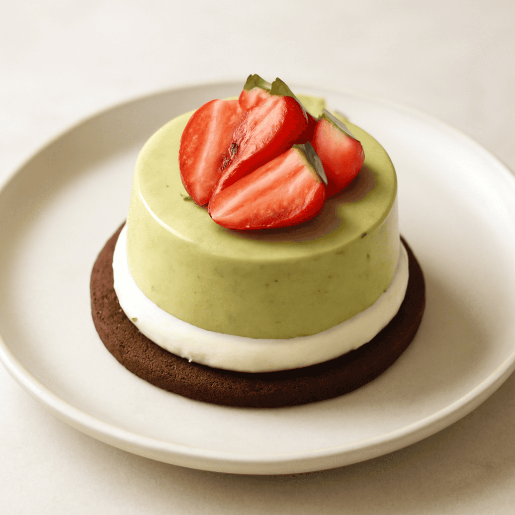 panna cotta al pistacchio su disco di cioccolato con ganache al cocco e fragole
