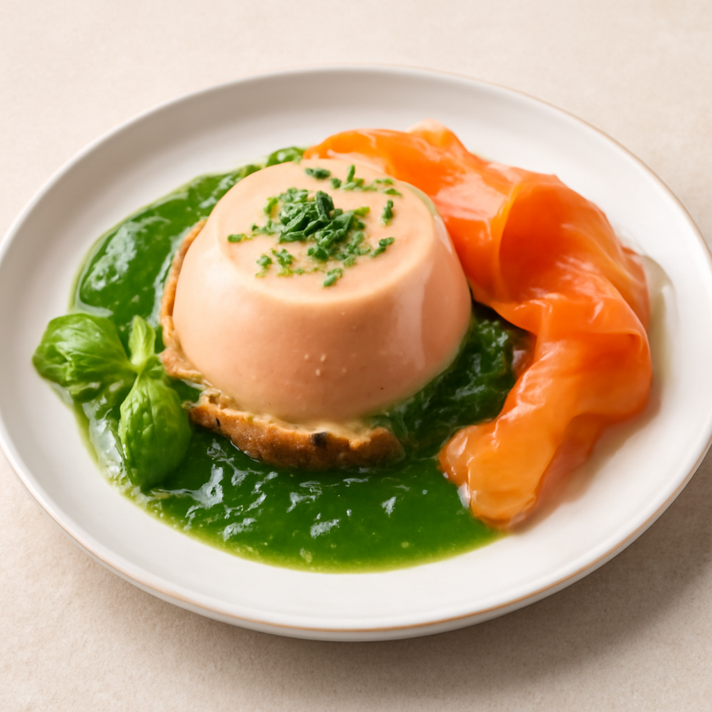 Panna cotta al salmone con gelee di rucola e basilico.