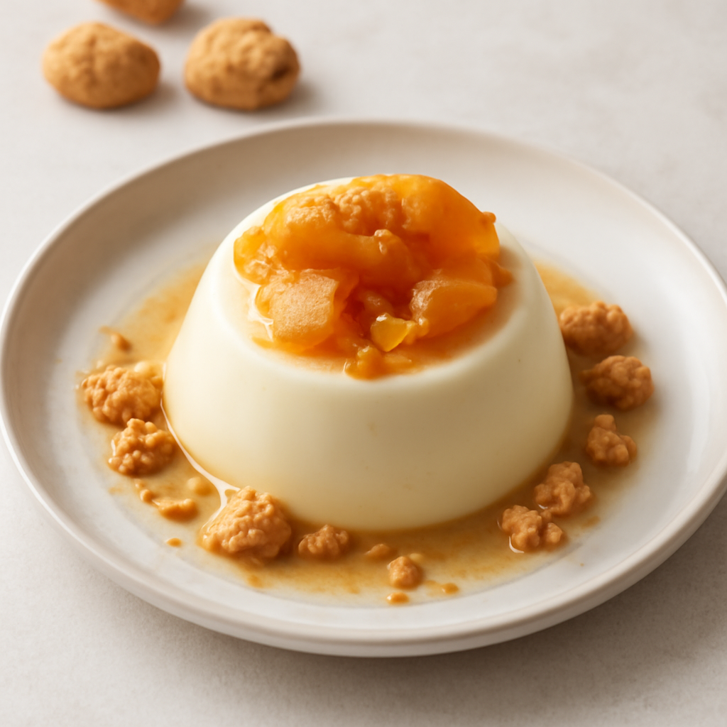 Panna cotta al tè con pesche e amaretti