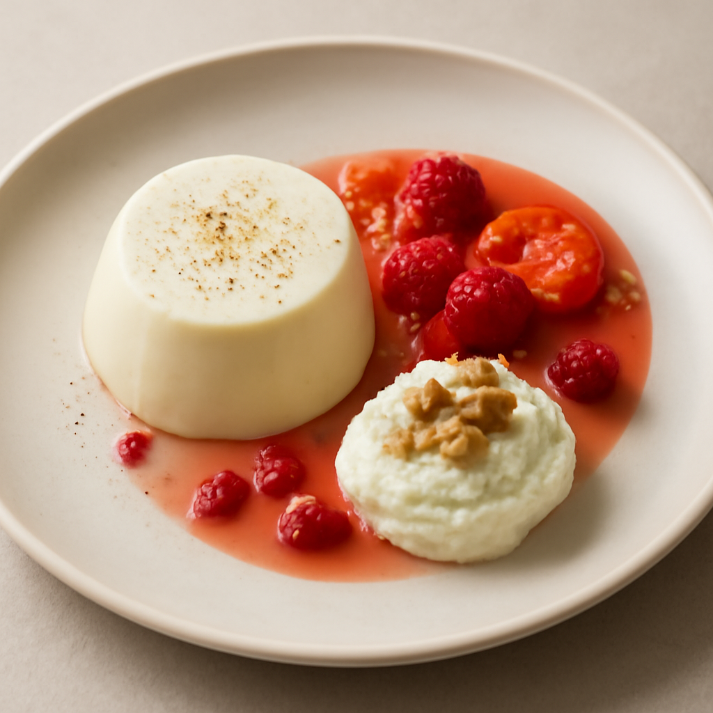 Panna cotta al tonno con geleè pomodorini, lampone e pepe rosa e mousse ricotta e noci.