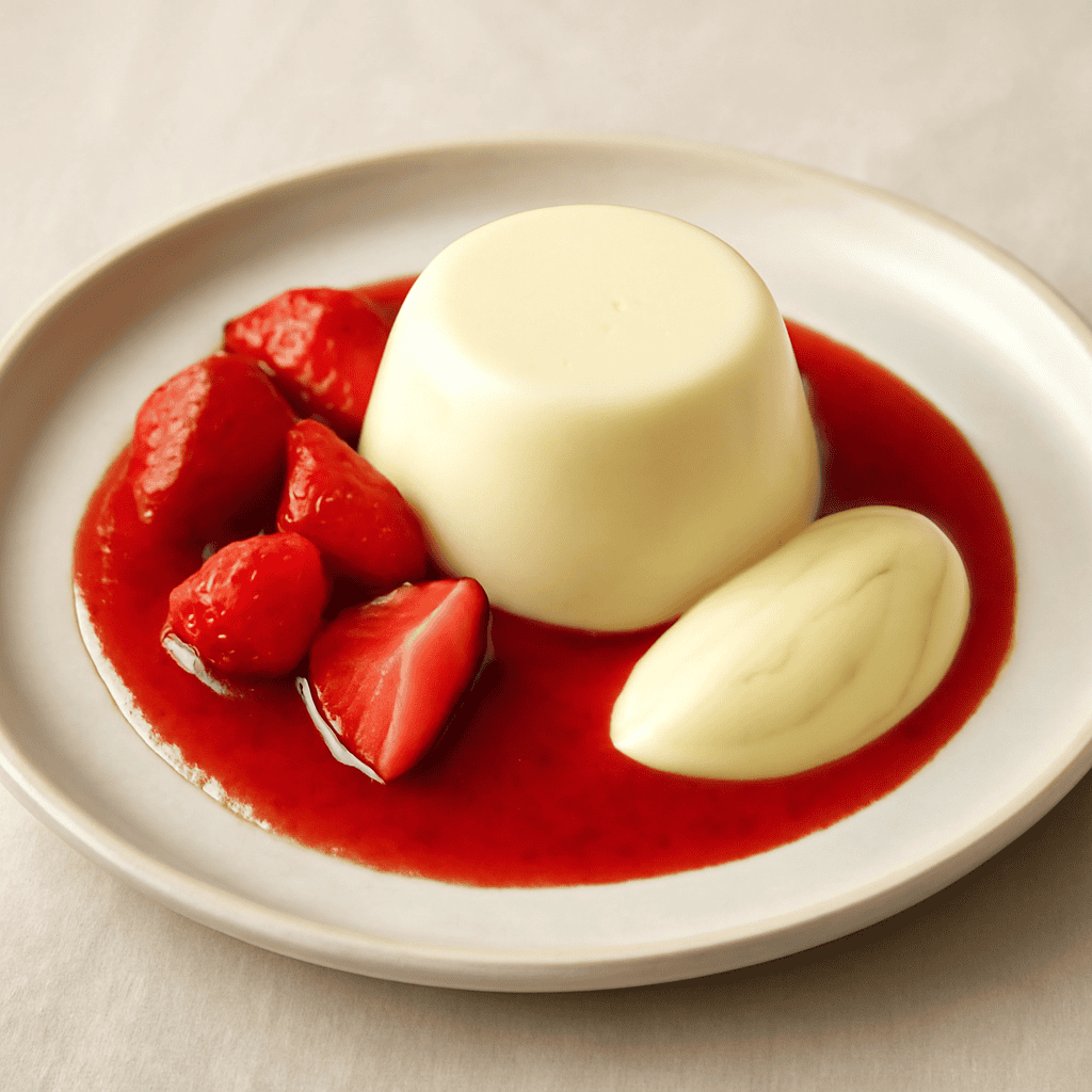 panna cotta alla vaniglia e fragola con salsa al cardamomo