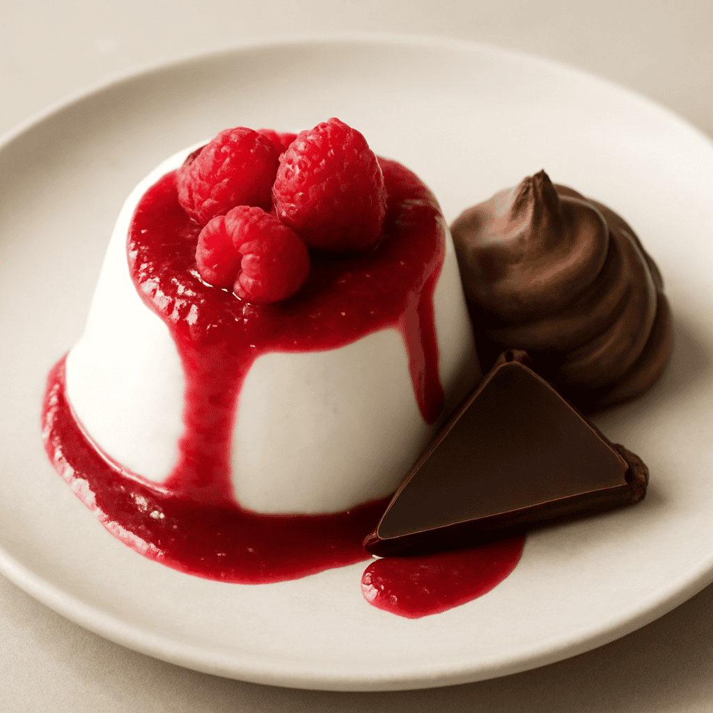 Panna cotta cocco lamponi e cioccolato