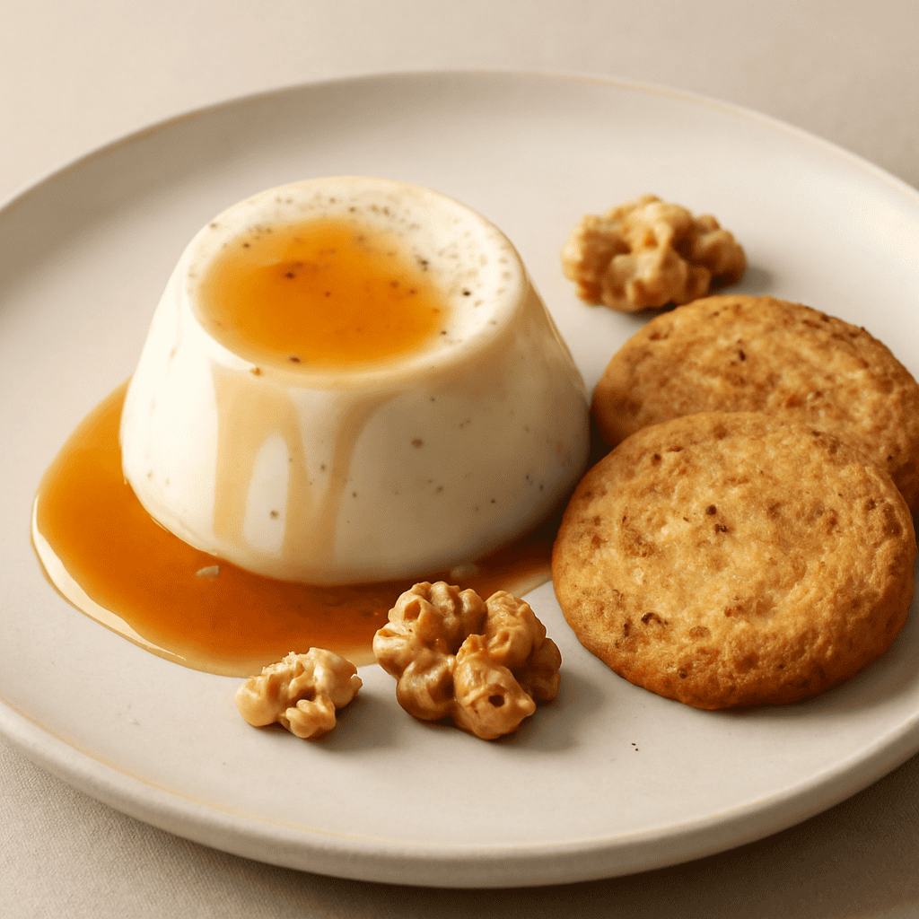 PANNA COTTA SALATA AL PARMIGIANO, MIELE DI CASTAGNO E FROLLINO SABLE’ ALLE NOCI