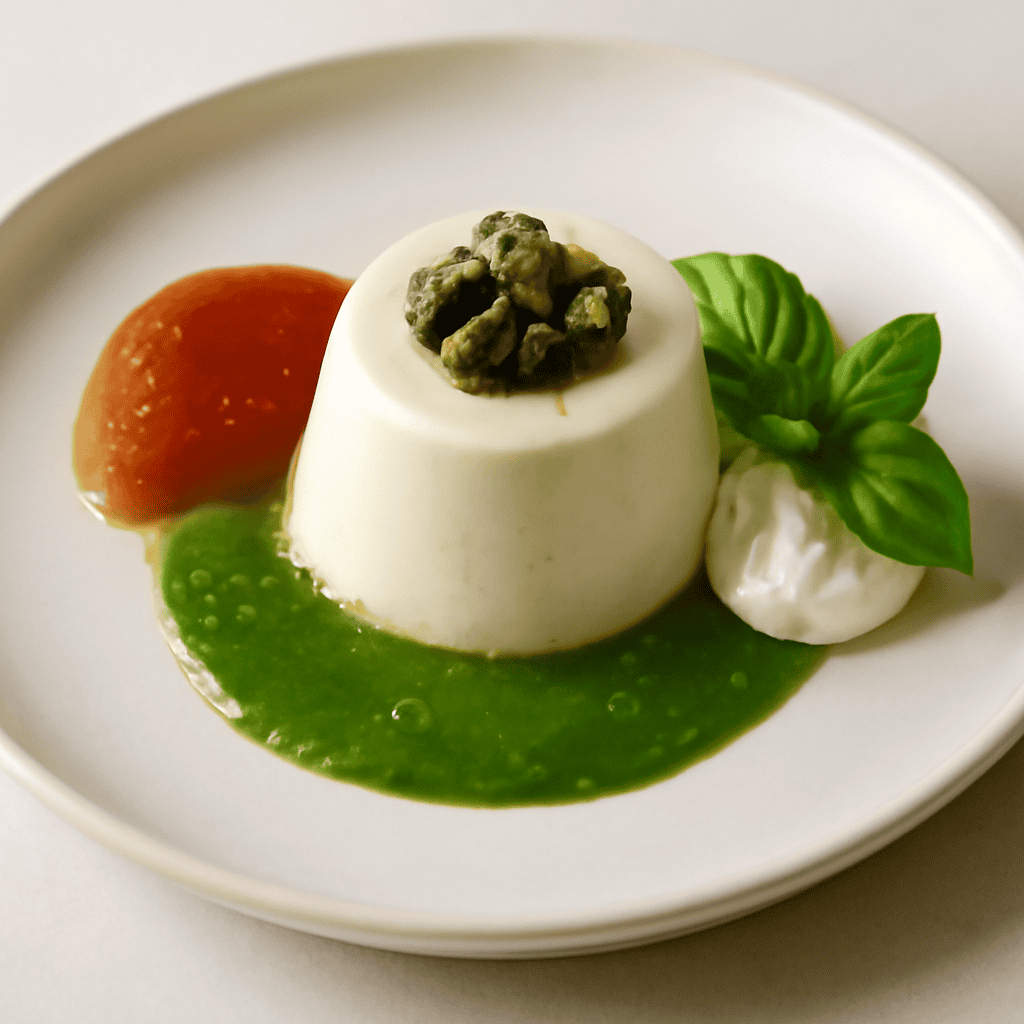 Panna cotta salata con salsa al basilico e capperi