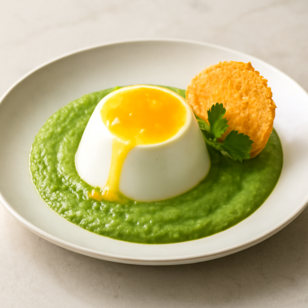 Pannacotta allo yogurt con salsa agli agrumi su vellutata di piselli e menta con cialda all’ arancia