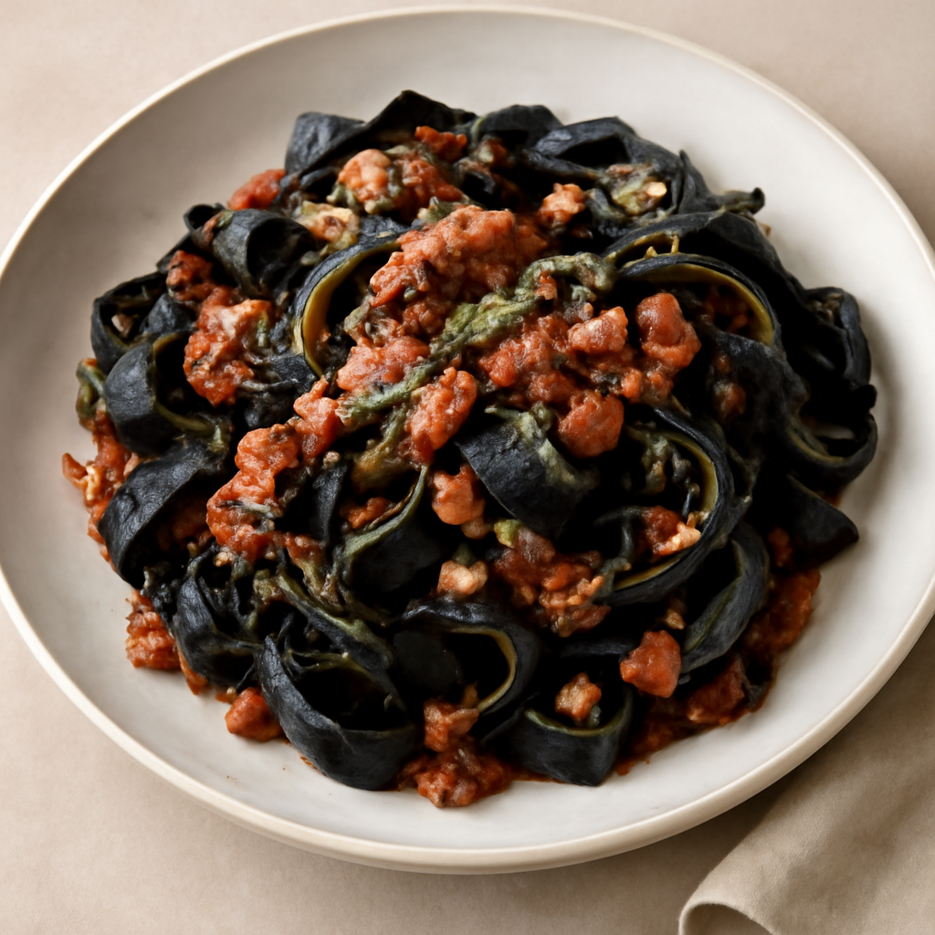 pappardelle al nero di seppia con pancetta, noci e rosmarino