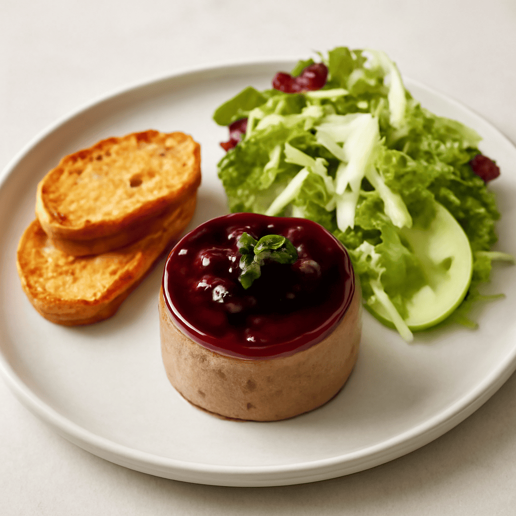 Parfait di fegato di pollo e gelatina di frutti di bosco con crostini all’olio aromatizzato e insalata di mela verde