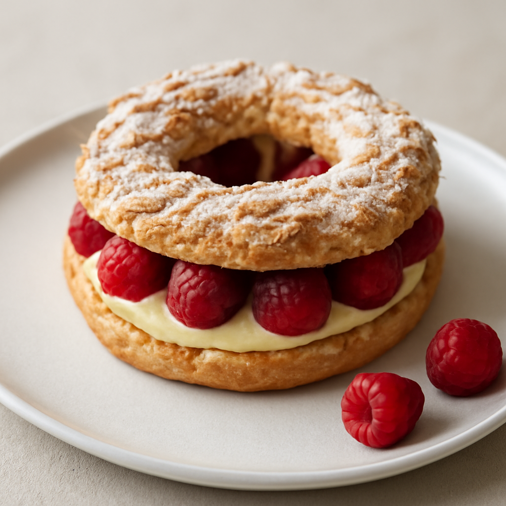 Paris-Brest con ganache al cioccolato bianco e lamponi freschi
