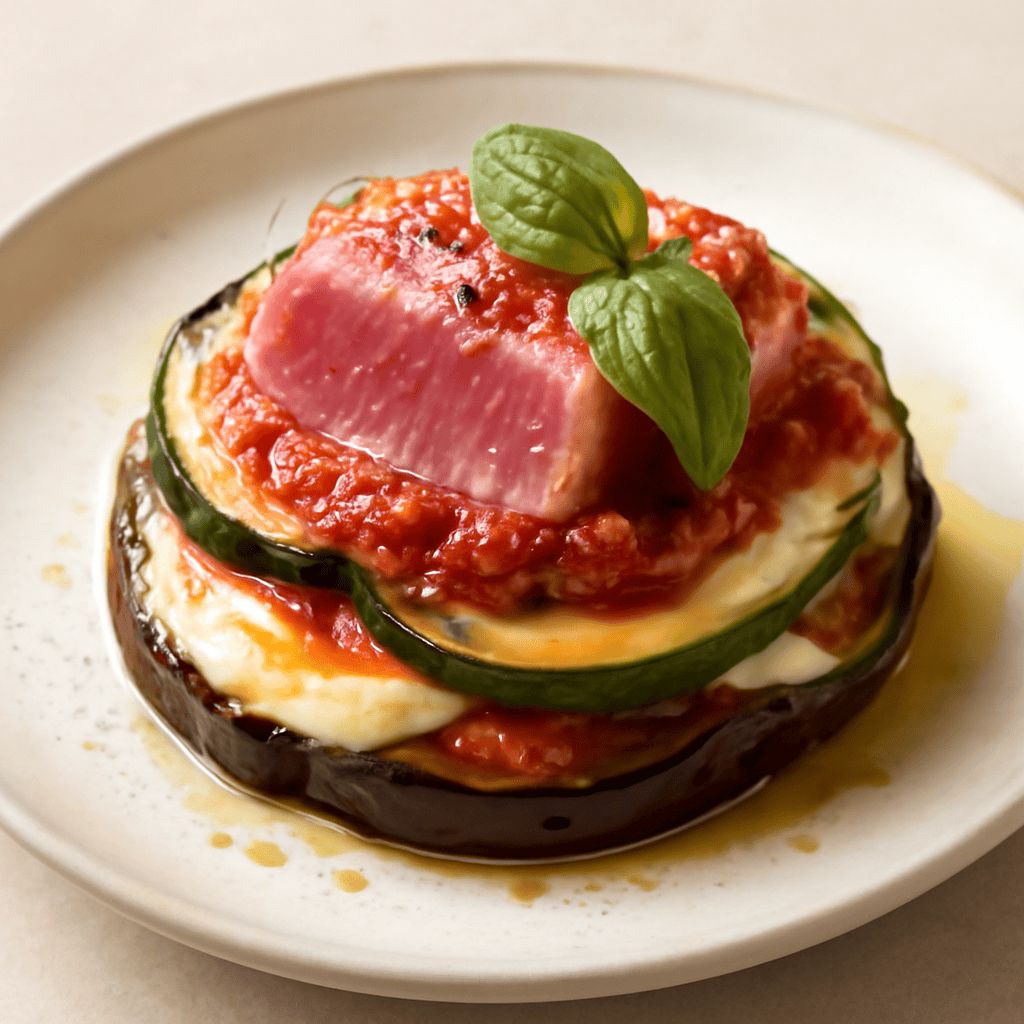 parmigiana di melanzane e zucchine con filetto di tonno fresco.