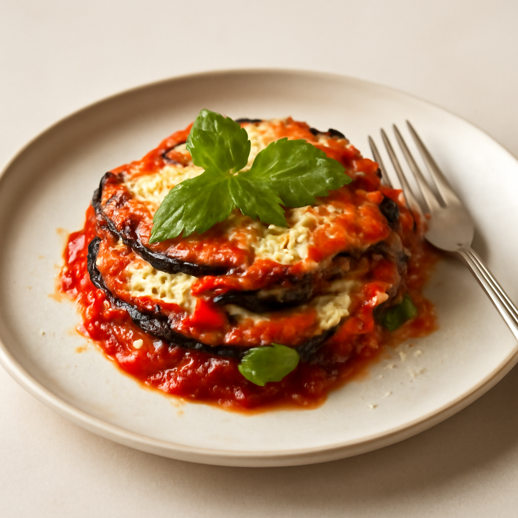 Parmigiana di melanzane fresca e basilico croccante