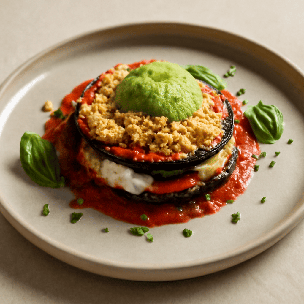 Parmigiana rivisitata con sbriciolata di parmigiano e aria di basilico
