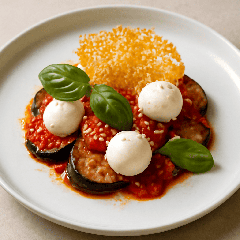 Parmigiana scomposta con basilico, sfere di mozzarella e cialda di parmigiano