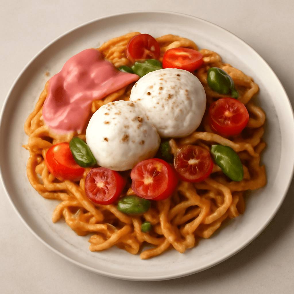 Pasta fritta con burratine, prosciutto cotto e pomodorini