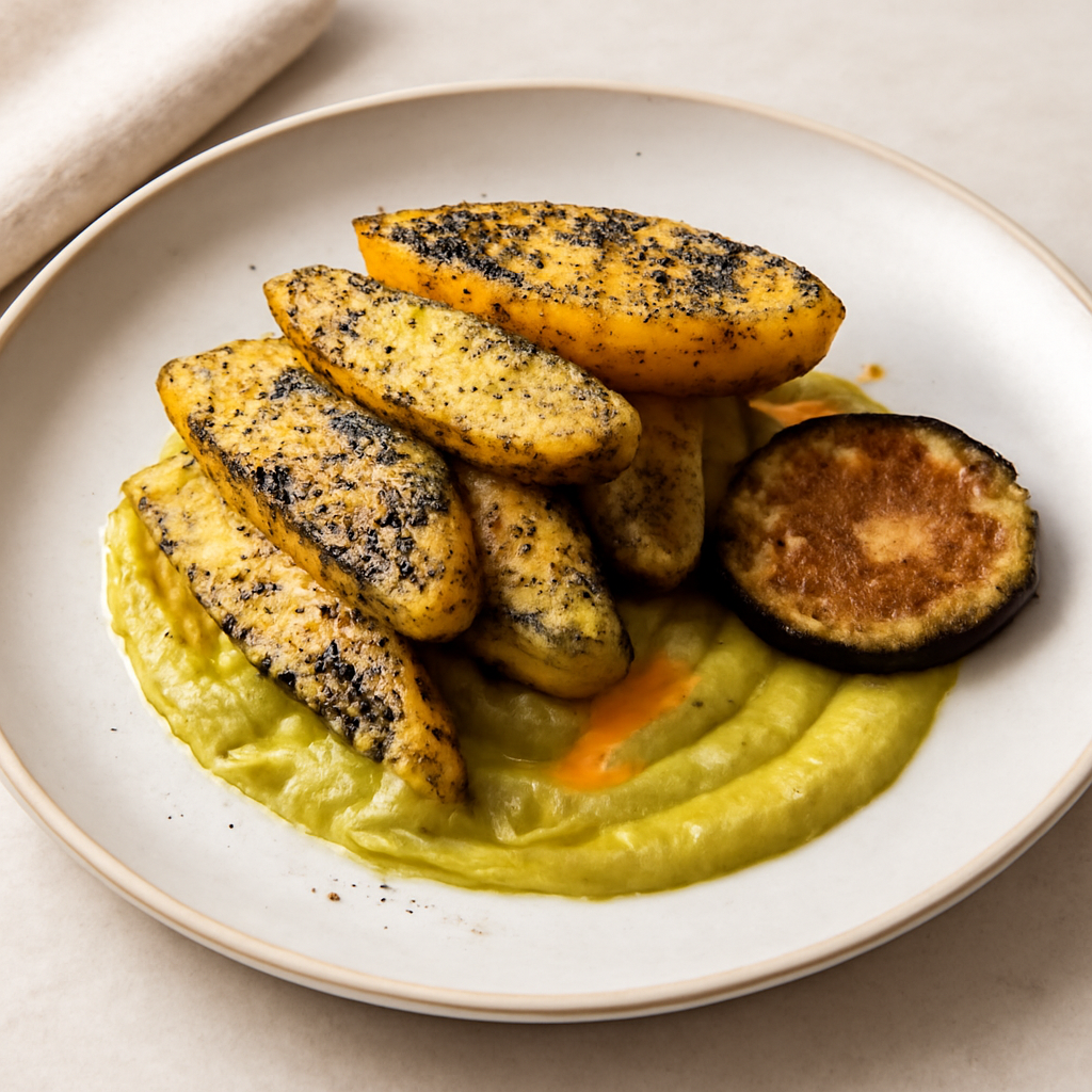 Patate al forno in crosta di semi di papavero con crema di zucchine e carote su chips di melanzane