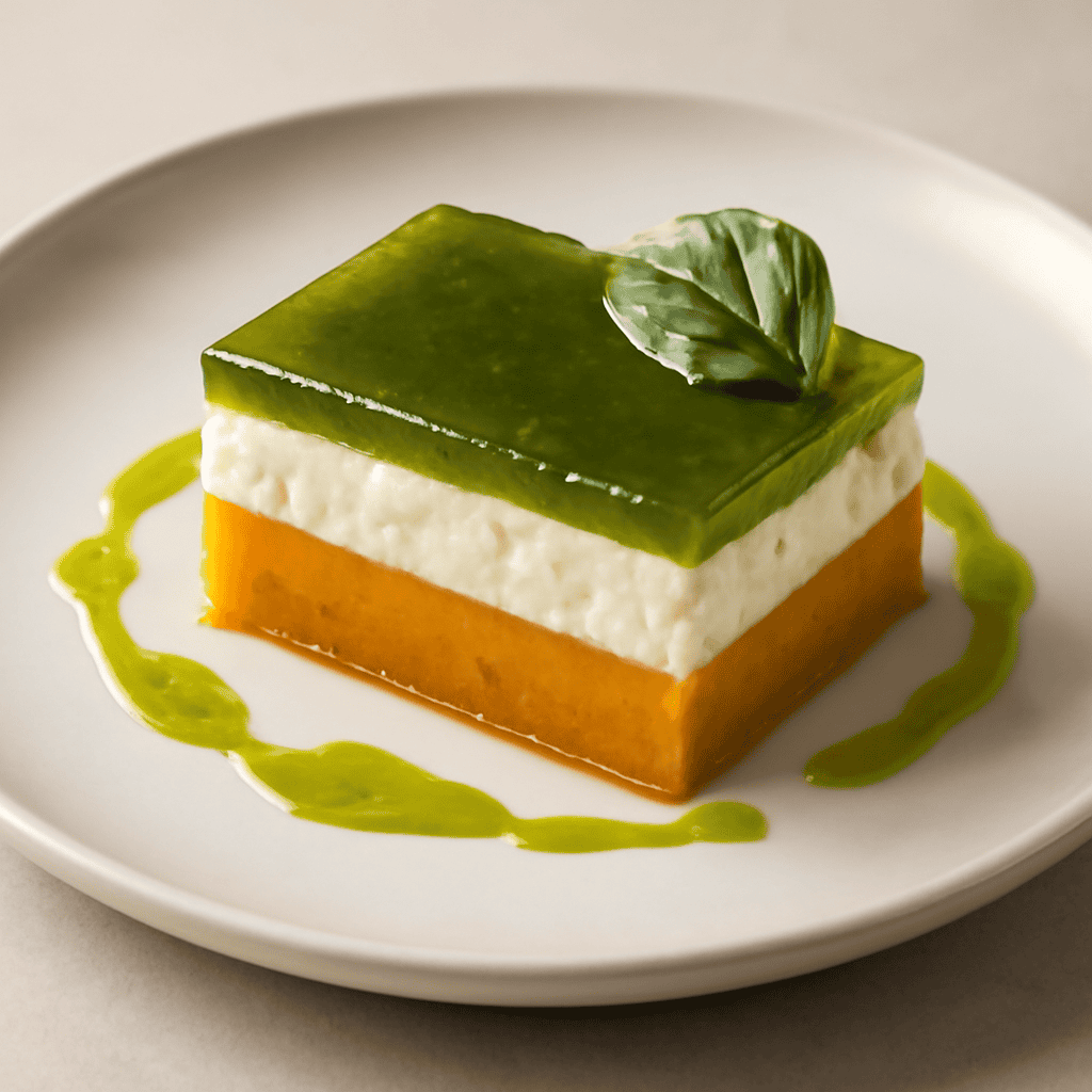 Pavè di zucca con crema di ricotta e gelatina di basilico