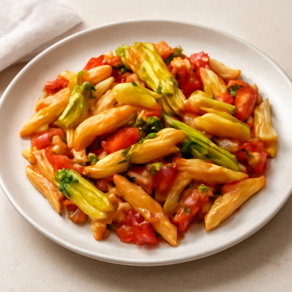 PENNE CON FIORI DI ZUCCA, PANCETTA E POMODORI