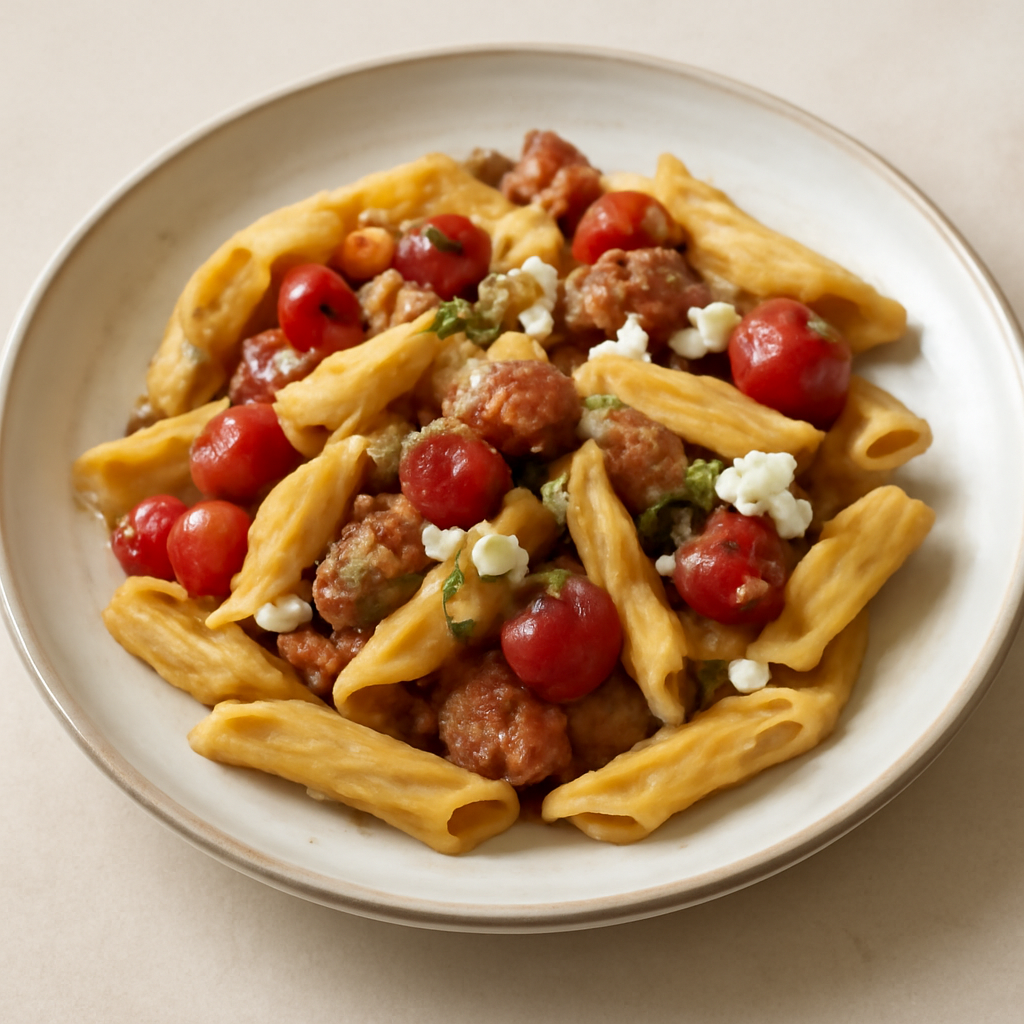 Penne giganti salsiccia, pomodorini e ricotta salata
