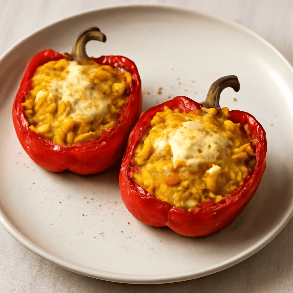 Peperone ripieno con riso alla curcuma, peperone e mozzarella.