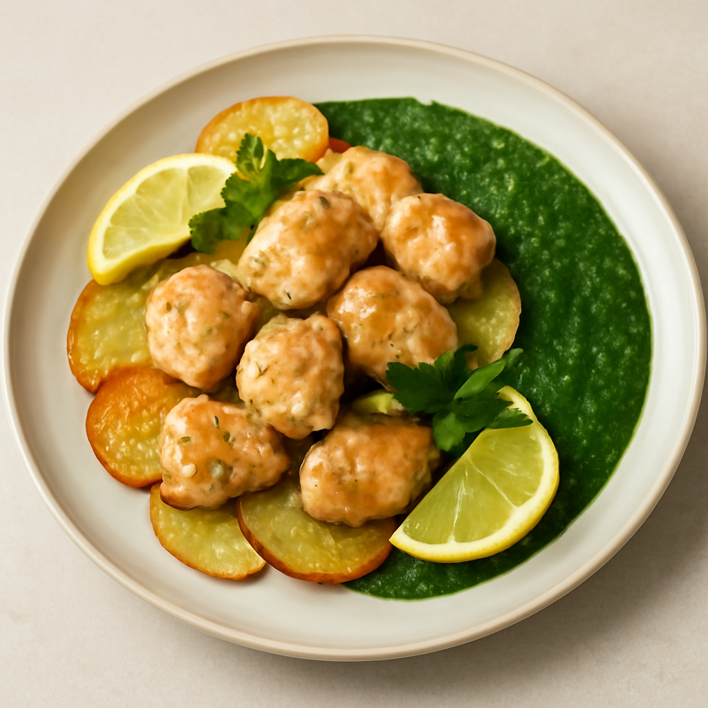 Pepite di pollo al limone in un letto croccante di patate, salsa di spinaci e mentuccia.