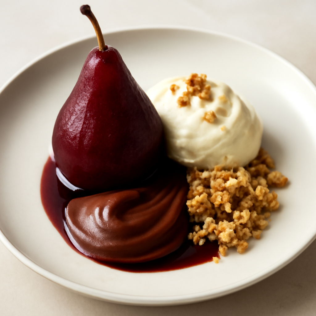 Pera al vin brule con mousse di mascarpone, crema al cioccolato, frolla croccante e noci