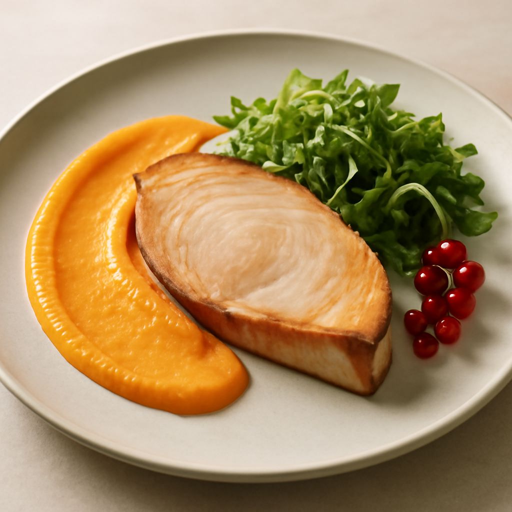 Pesce spada affumicato alla papaya con crema di papaya insalatina verde e ribes